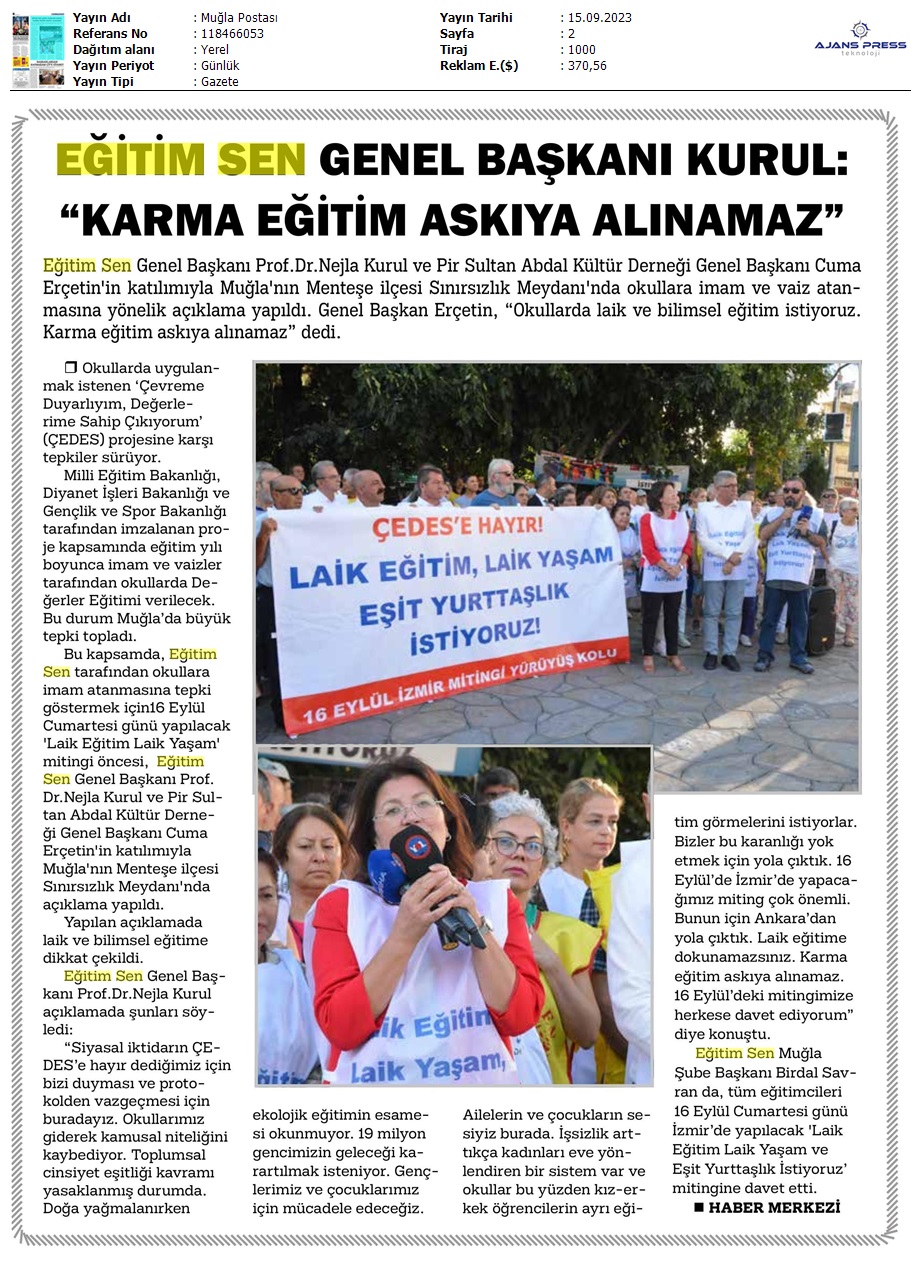 Eğitim Sen Genel Başkanı Kurul: "Karma Eğitim Askıya Alınamaz" / Muğla Postası