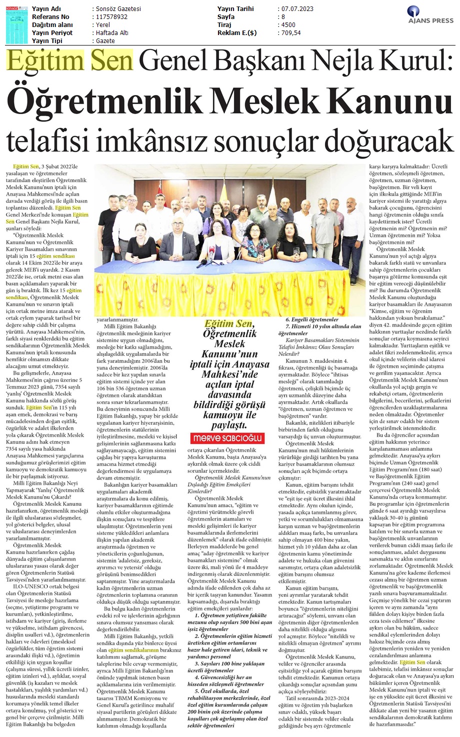 Eğitim Sen Genel Başkanı Nejla Kurul: Öğretmenlik Meslek Kanunu Telafisi İmkânsız Sonuçlar Doğuracak / Sonsöz Gazetesi
