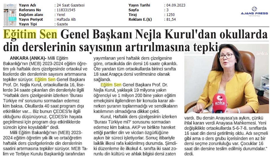 Eğitim Sen Genel Başkanı Nejla Kurul'dan Okullarda Din Derslerinin Sayısının Artırılmasına Tepki / 24 Saat Gazetesi