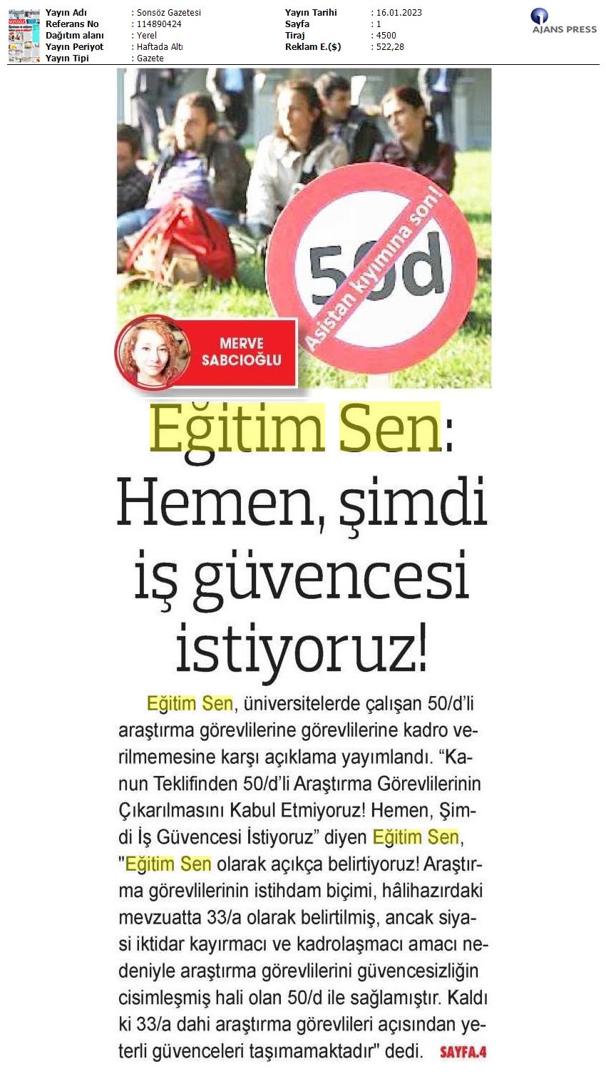 Eğitim Sen: Hemen, Şimdi İş Güvencesi İstiyoruz! / Sonsöz Gazetesi