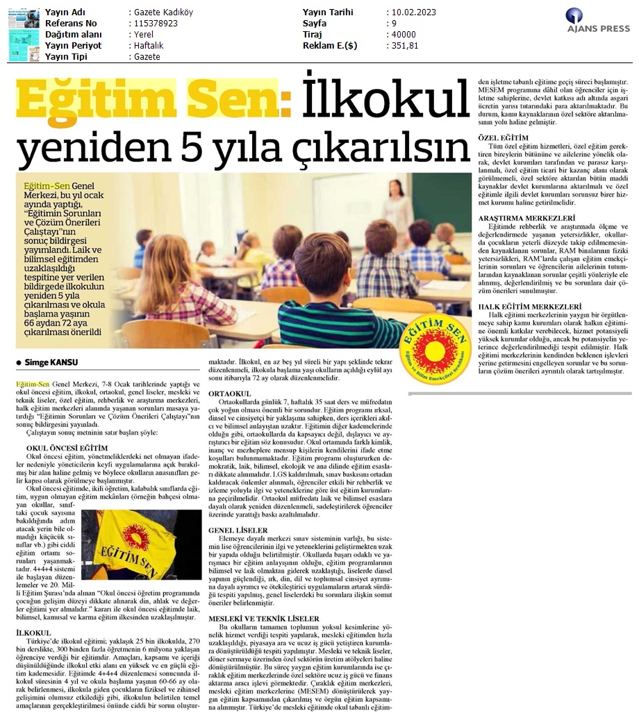 Eğitim Sen: İlkokul Yeniden 5 Yıla Çıkarılsın / Gazete Kadıköy