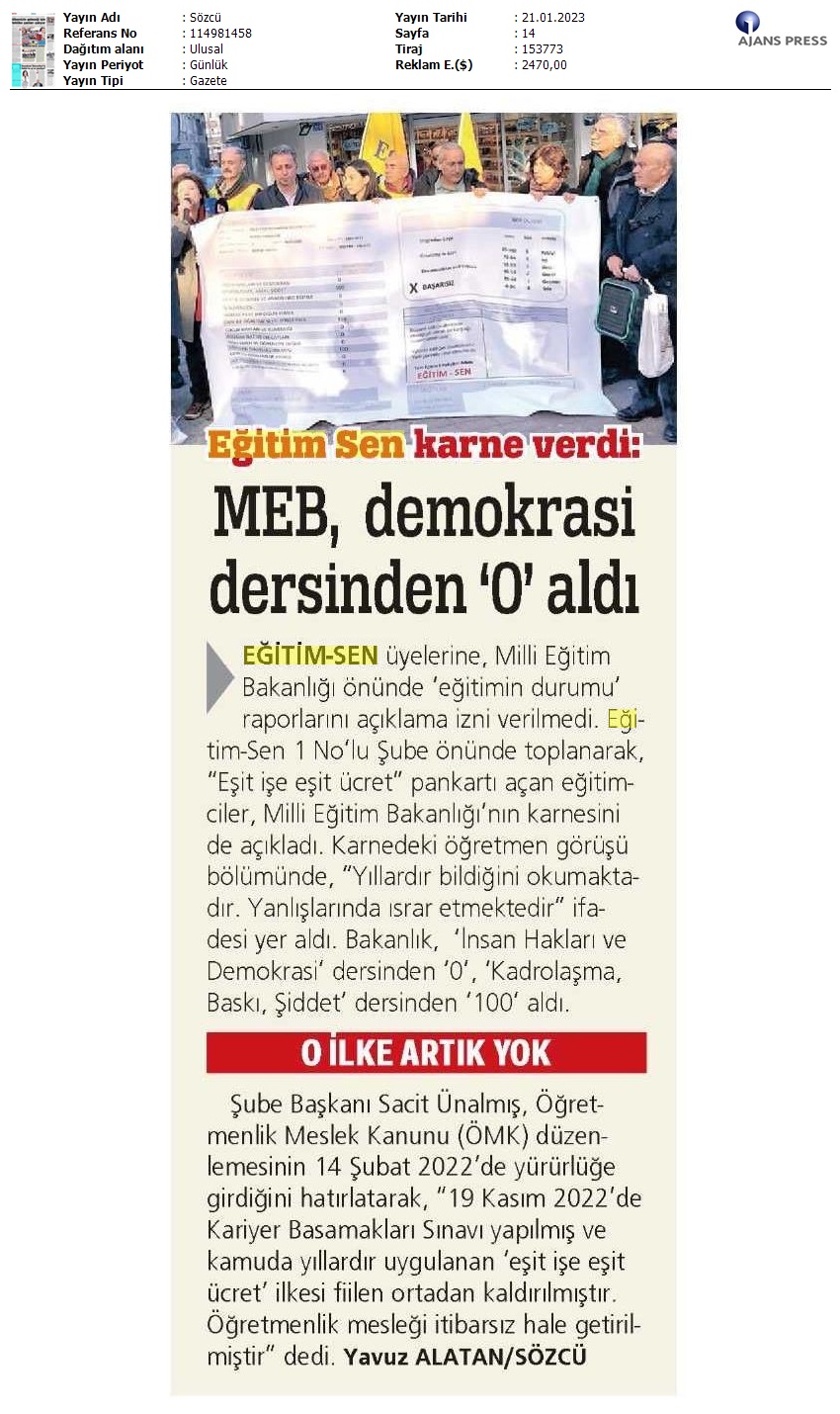 Eğitim Sen Karne Verdi / Sözcü
