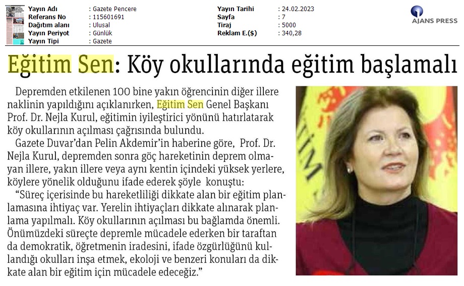 Eğitim Sen: Köy Okullarında Eğitim Başlamalı / Gazete Pencere
