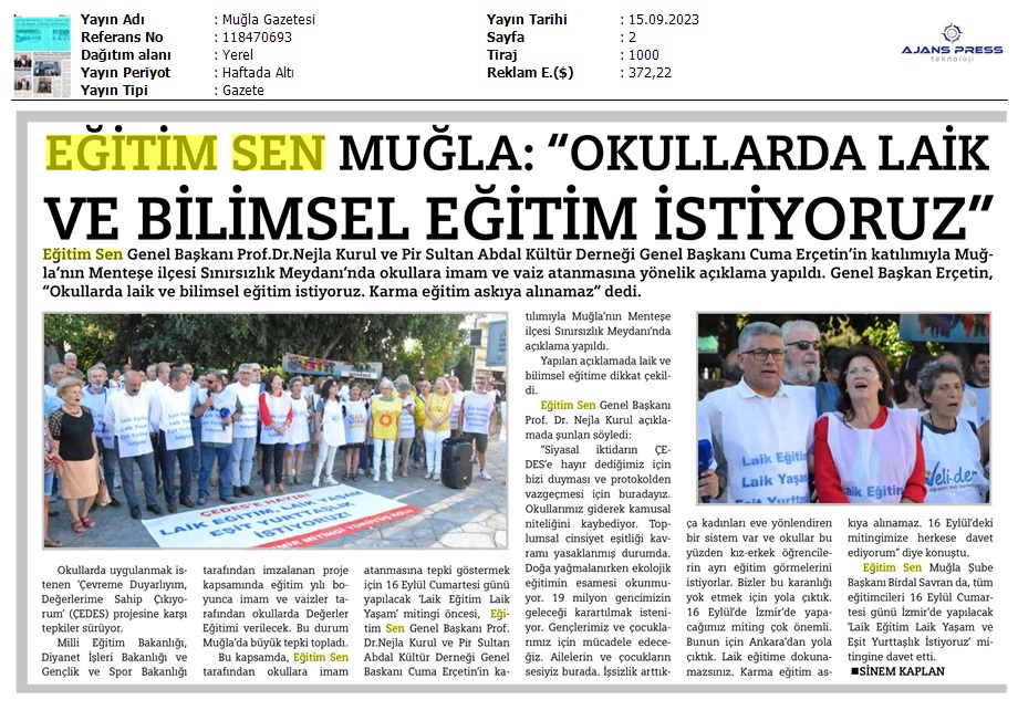 Eğitim Sen Muğla: "Okullarda Laik ve Bilimsel Eğitim İstiyoruz" / Muğla Gazetesi