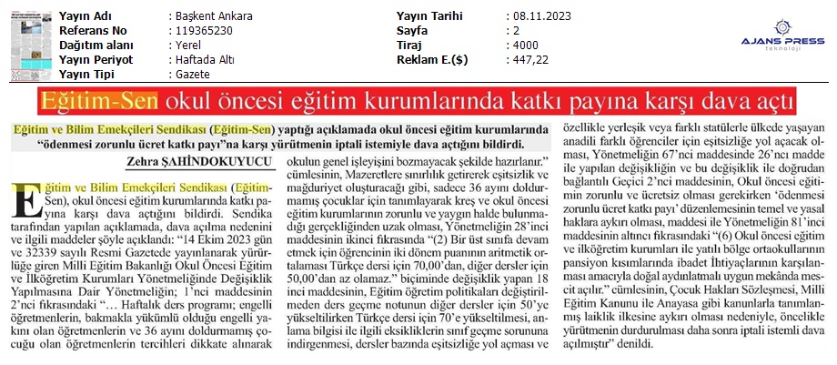 Eğitim Sen, Okul Öncesi Eğitim Kurumlarında Katkı Payına Karşı Dava Açtı / Başkent Ankara