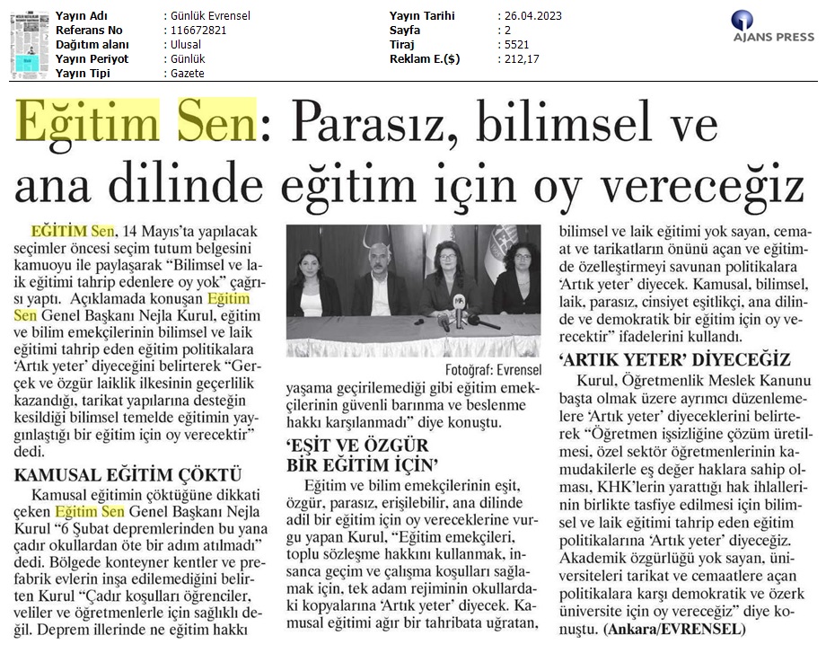 Eğitim Sen: Parasız, Bilimsel ve Ana Dilinde Eğitim İçin Oy Vereceğiz / Evrensel