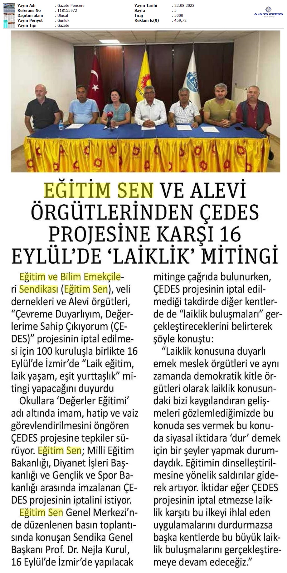 Eğitim Sen ve Alevi Örgütlerinden ÇEDES Projesine Karşı 16 Eylül'de "Laiklik" Mitingi / Gazete Pencere