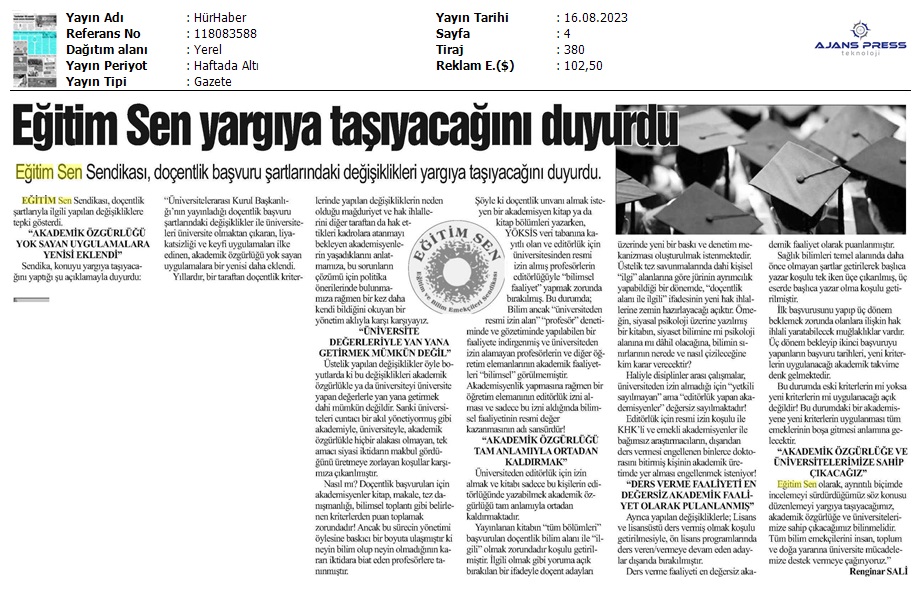 Eğitim Sen Yargıya Taşıyacağını Duyurdu / Hür Haber