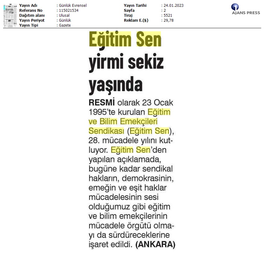 Eğitim Sen Yirmi Sekiz Yaşında / Evrensel