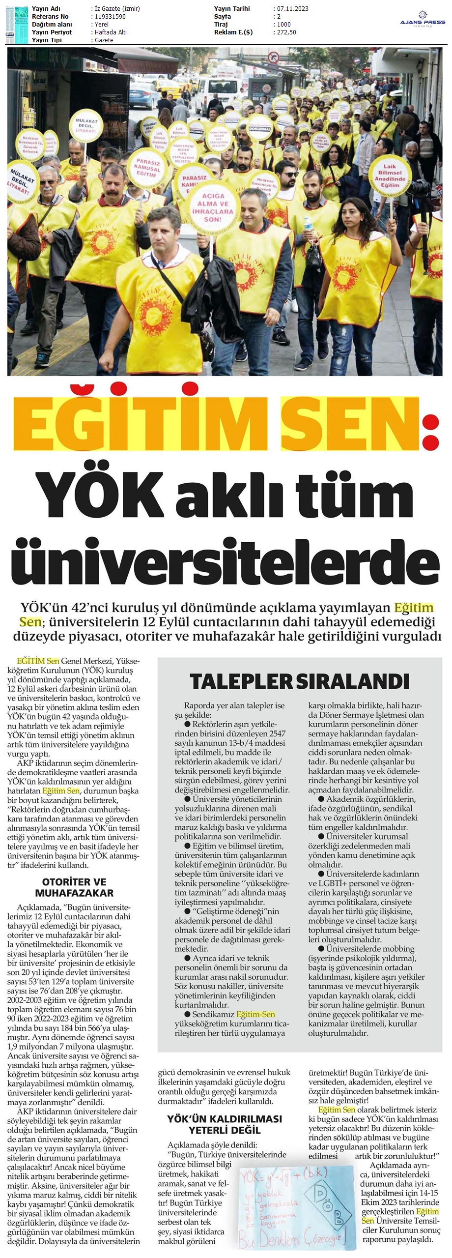 Eğitim Sen: YÖK Aklı Tüm Üniversitelerde / İz Gazete (İzmir)