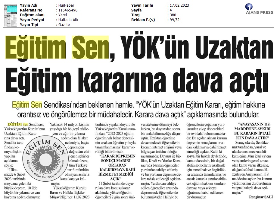 Eğitim Sen, YÖK'ün Uzaktan Eğitim Kararına Dava Açtı / Hür Haber