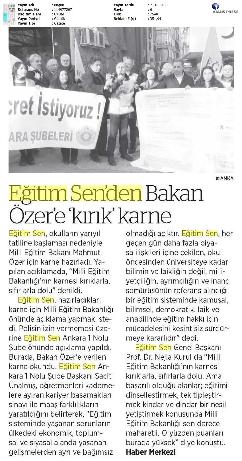 Eğitim Sen'den Bakan Özer'e 'Kırık Karne' / BirGün