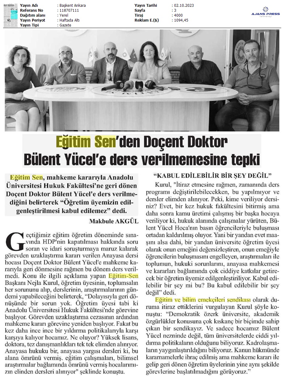 Eğitim Sen'den Doçent Doktor Bülent Yücel'e Ders Verilmemesine Tepki / Başkent Ankara