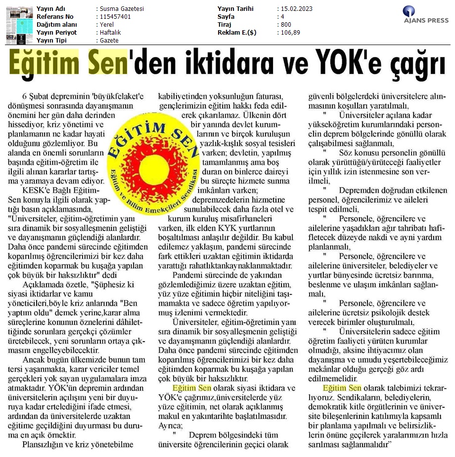 Eğitim Sen'den İktidara ve YÖK'e Çağrı / Susma Gazetesi
