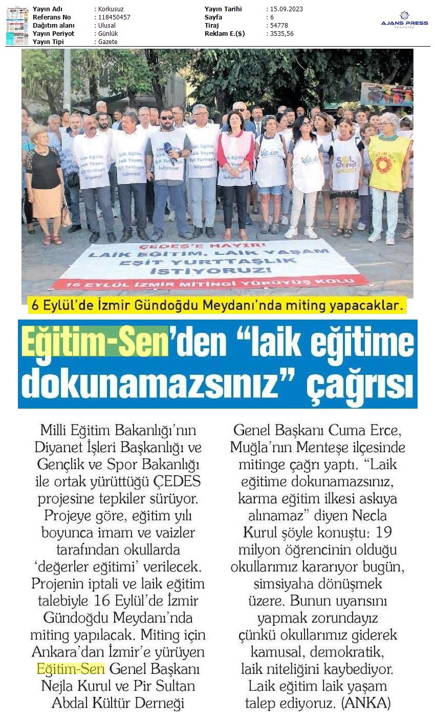 Eğitim Sen'den 'Laik Eğitime Dokunamazsınız' Çağrısı / Korkusuz