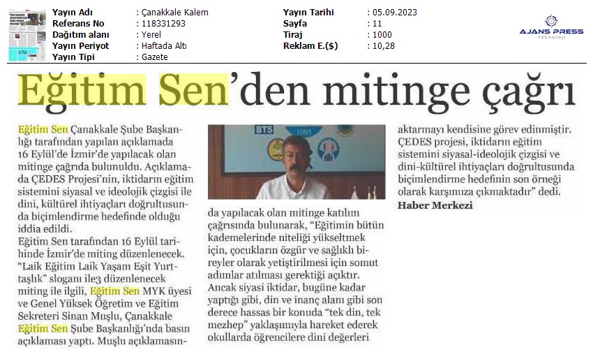 Eğitim Sen'den Mitinge Çağrı / Çanakkale Kalem