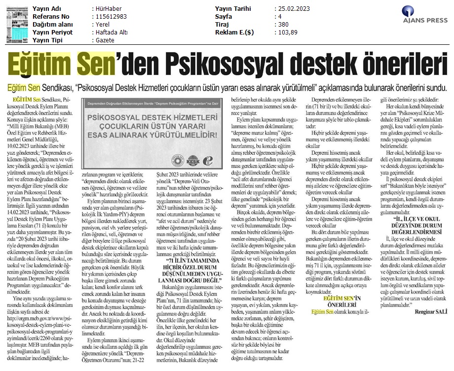 Eğitim Sen'den Psikososyal Destek Önerileri / Hür Haber