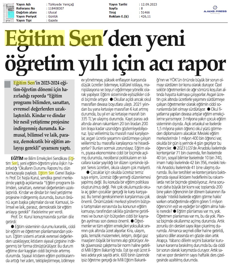 Eğitim Sen'den Yeni Öğretim Yılı İçin Acı Rapor / Türkiye'de Yeniçağ