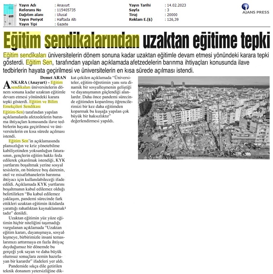 Eğitim Sendikalarından Uzaktan Eğitime Tepki / Anayurt