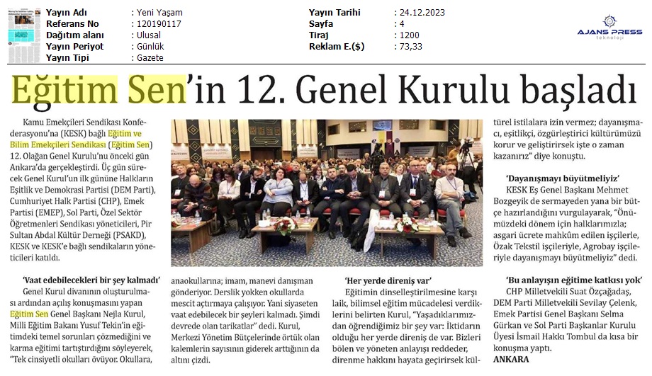 Eğitim Sen'in 12. Genel Kurulu Başladı / Yeni Yaşam