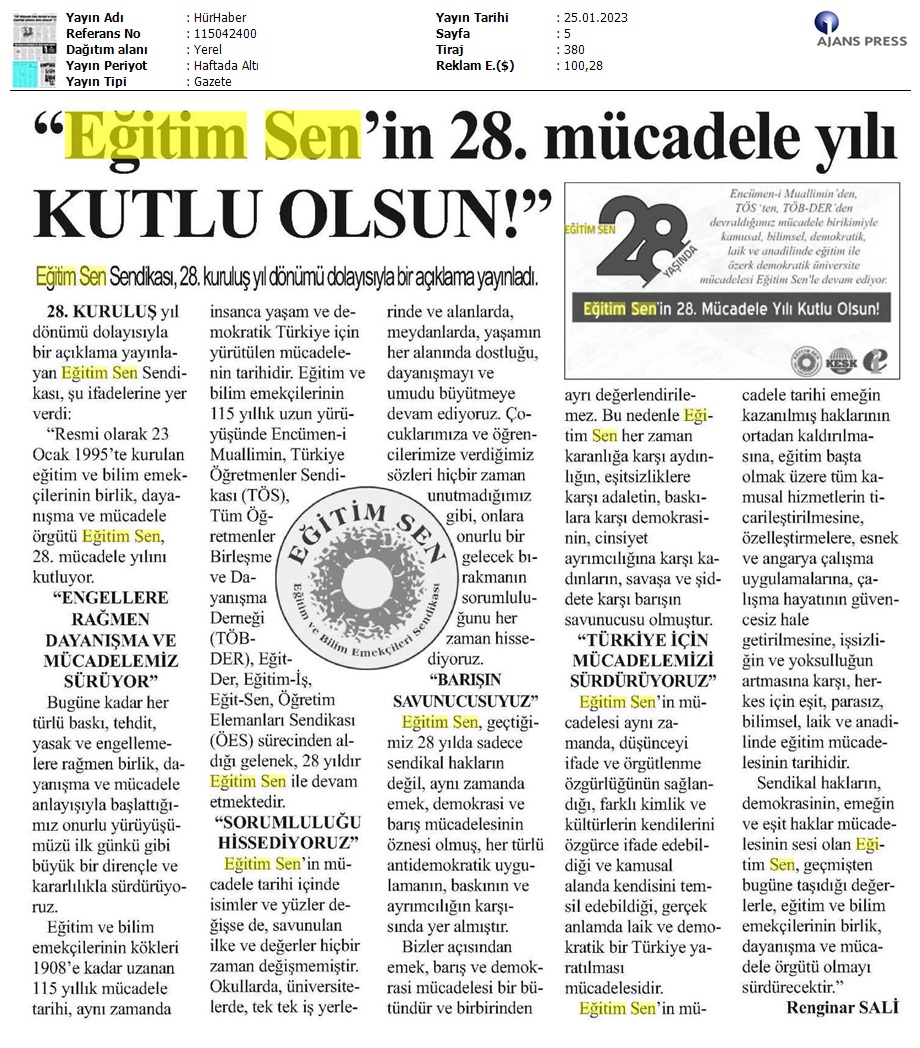 Eğitim Sen'in 28. Mücadele Yılı Kutlu Olsun / Hür Haber