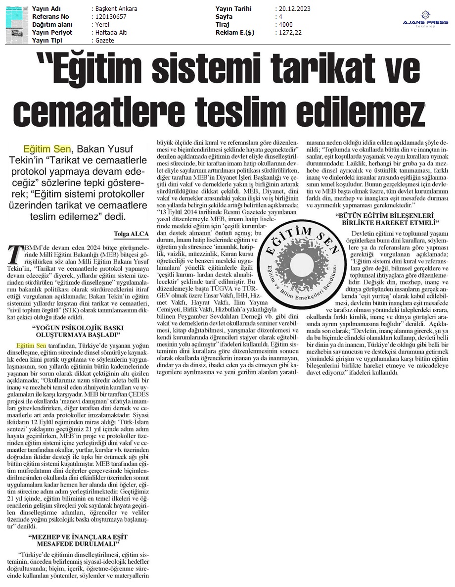 "Eğitim Sistemi Tarikat ve Cemaatlere Teslim Edilemez" / Başkent Ankara