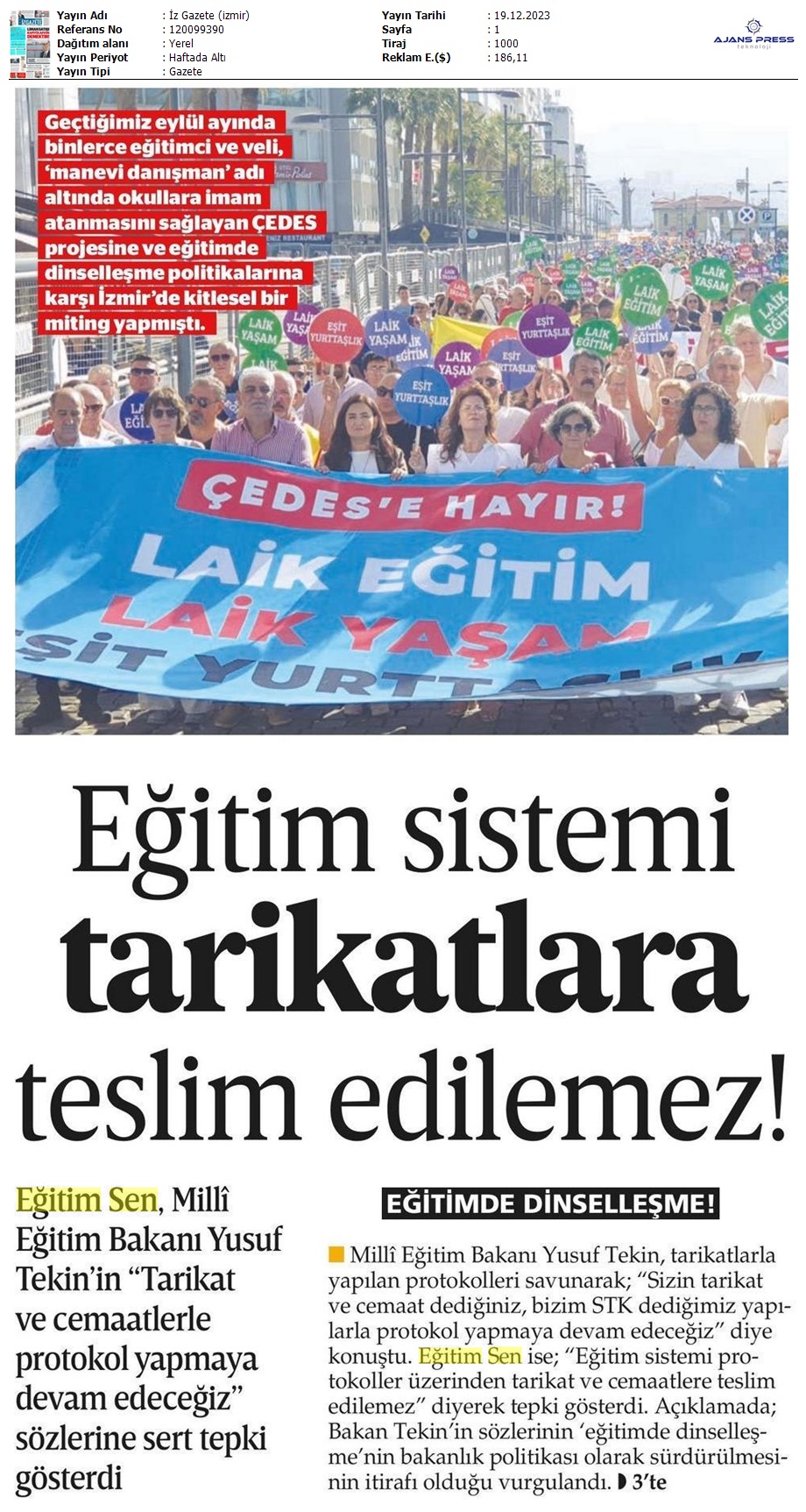 Eğitim Sistemi Tarikatlara Teslim Edilemez! / İz Gazete (İzmir)