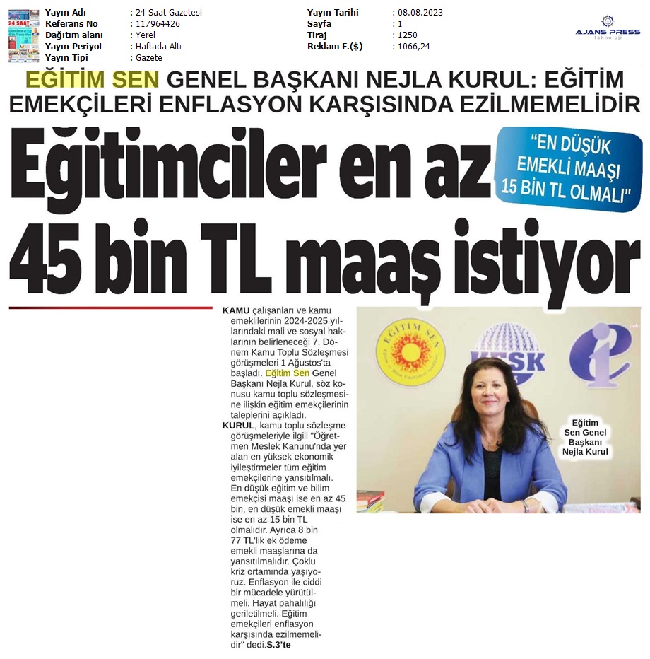 Eğitimciler En Az 45 Bin TL Maaş İstiyor / 24 Saat Gazetesi