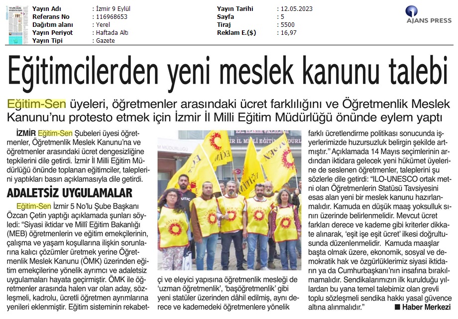 Eğitimcilerden Yeni Meslek Kanunu Talebi / İzmir 9 Eylül