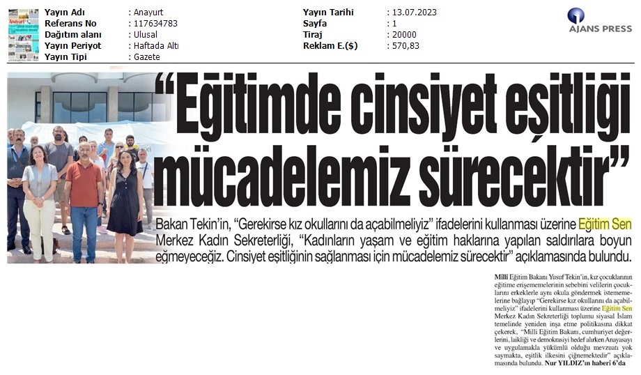 "Eğitimde Cinsiyet Eşitliği Mücadelemiz Sürecektir" / Anayurt