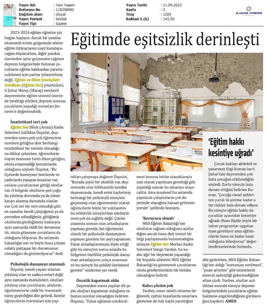 Eğitimde Eşitsizlik Derinleşti / Yeni Yaşam