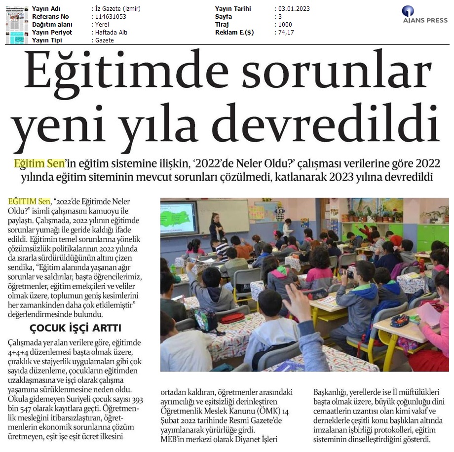 Eğitimde Sorunlar Yeni Yıla Devredildi / İz Gazete