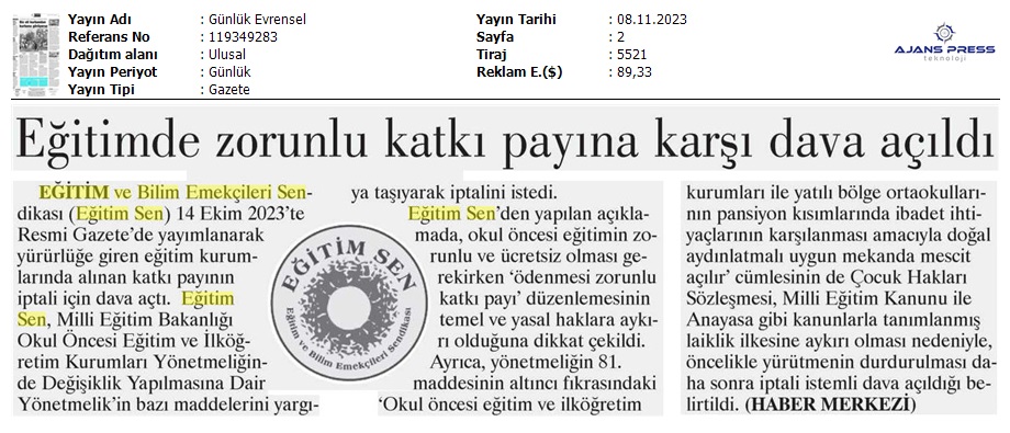 Eğitimde Zorunlu Katkı Payına Karşı Dava Açıldı / Evrensel