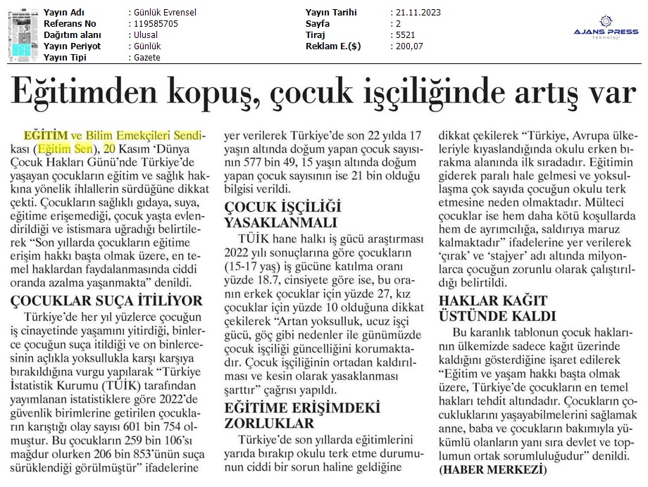 Eğitimden Kopuş, Çocuk İşçiliğinde Artış Var / Evrensel