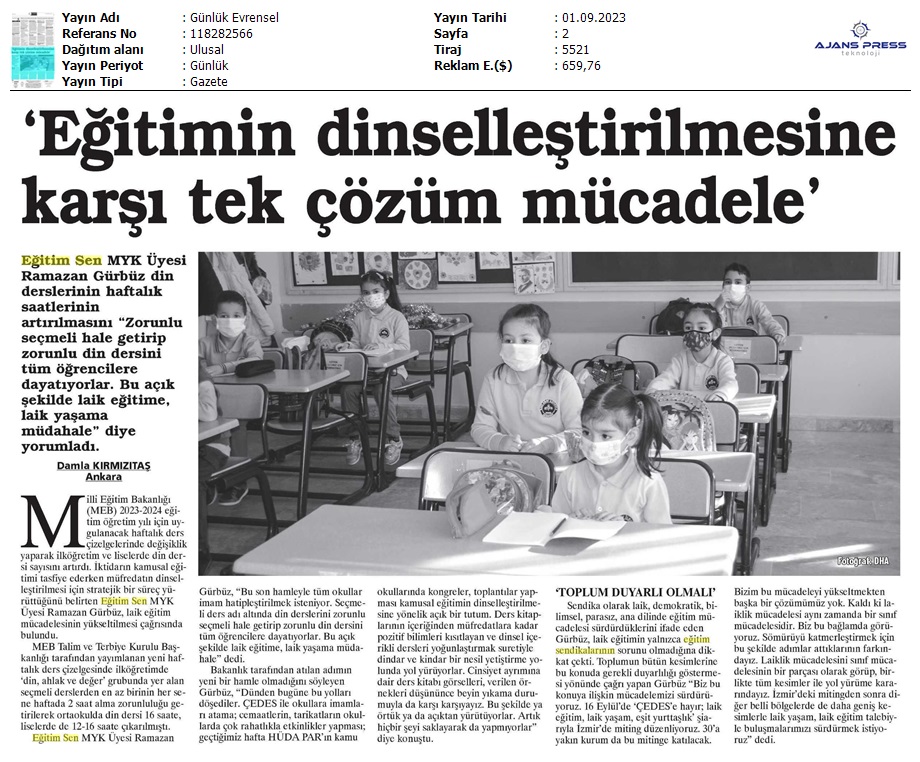 "Eğitimin Dinselleştirilmesine Karşı Tek Çözüm Mücadele" / Evrensel