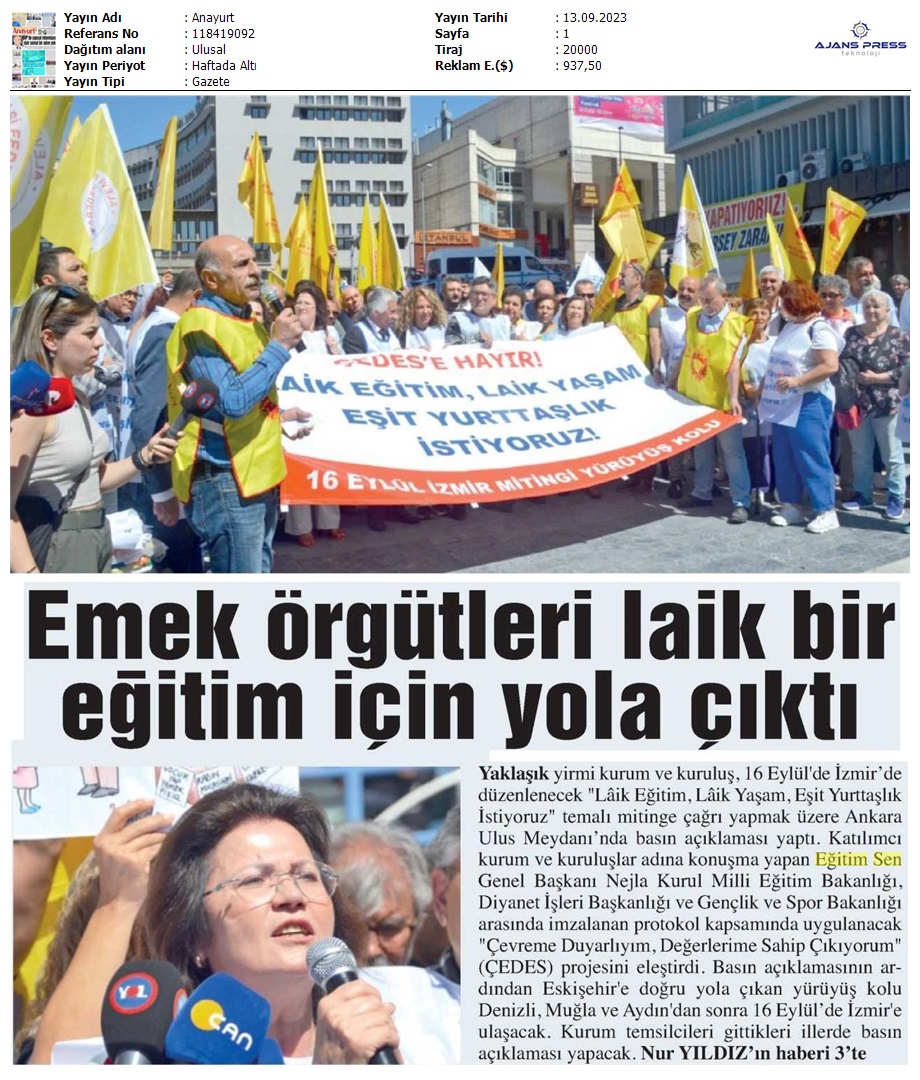 Emek Örgütleri Laik Bir Eğitim İçin Yola Çıktı / Anayurt