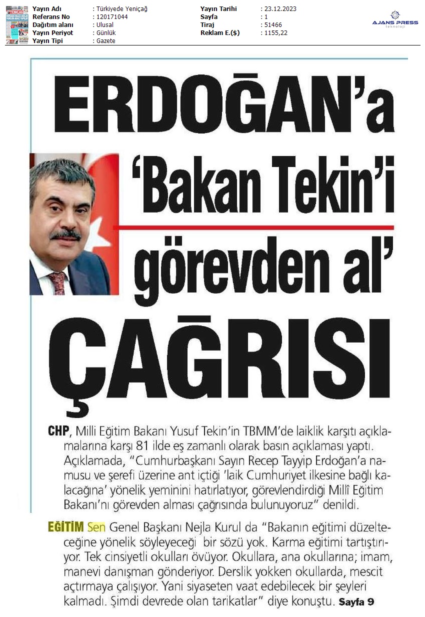 Erdoğan'a 'Bakan Tekin'i Görevden Al' Çağrısı / Türkiye'de Yeniçağ