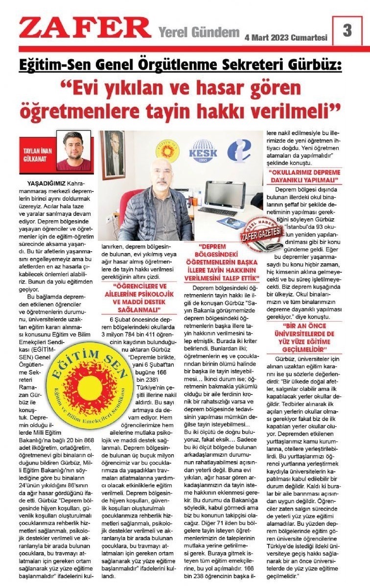 "Evi Yıkılan ve Hasar Gören Öğretmenlere Tayin Hakkı Verilmeli" / Zafer