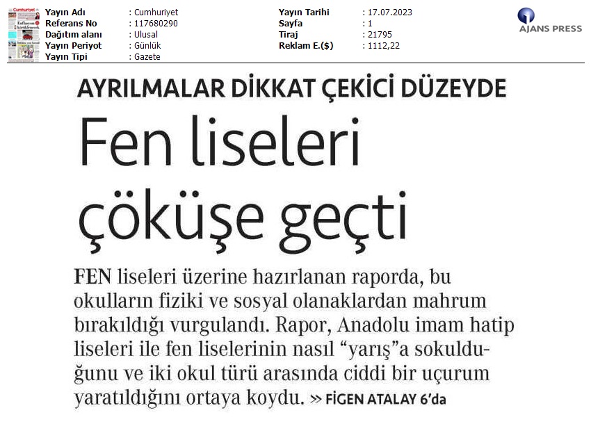Fen Liseleri Çöküşe Geçti / Cumhuriyet