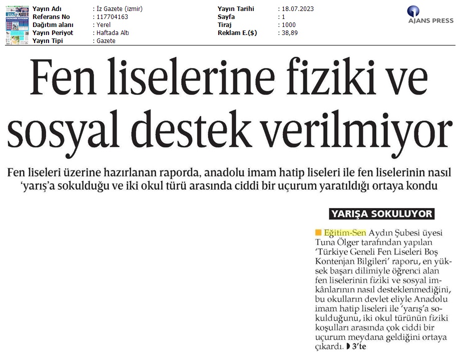 Fen Liselerine Fiziki ve Sosyal Destek Verilmiyor / İz Gazete