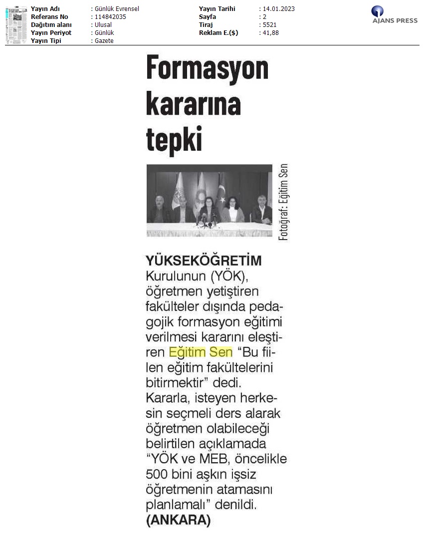 Formasyon Kararına Tepki / Evrensel