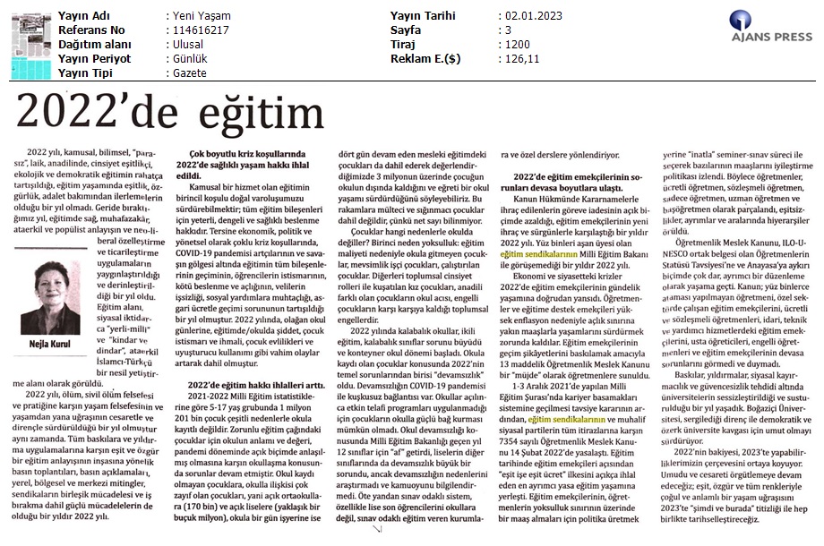 Genel Başkanımız Prof Dr. Nejla Kurul, Yeni Yaşam İçin Yazdı: "2022'de Eğitim"