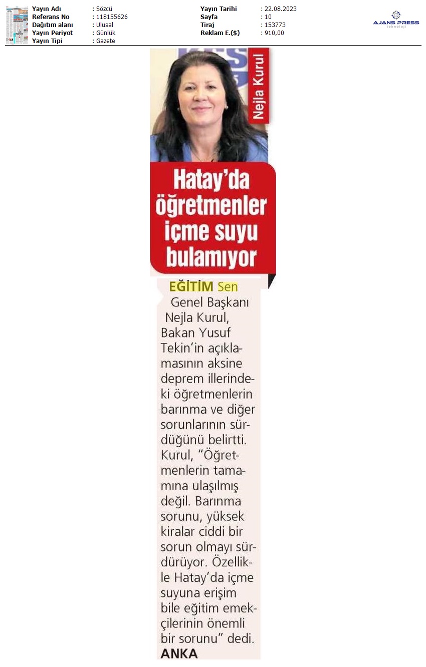 Hatay'da Öğretmenler İçme Suyu Bulamıyor / Sözcü