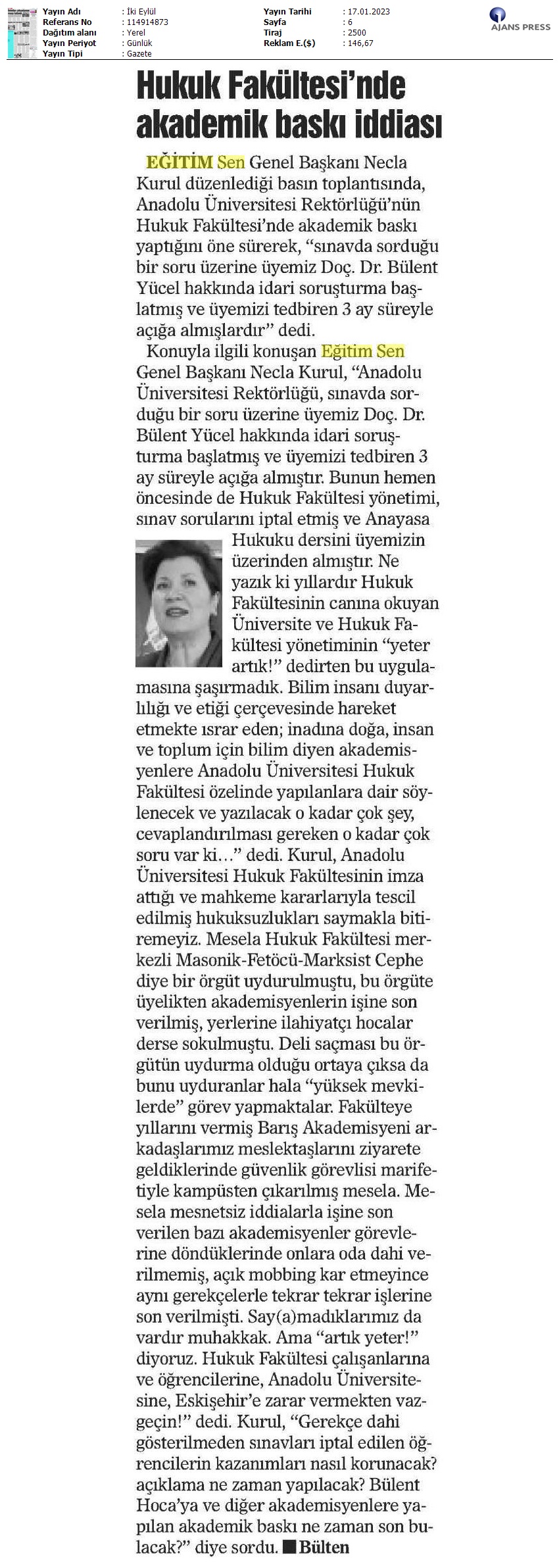 Hukuk Fakültesi'nde Akademik Baskı İddiası / İki Eylül (Eskişehir)