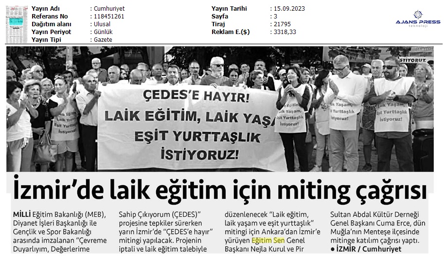 İzmir'de Laik Eğitim İçin Miting Çağrısı / Cumhuriyet