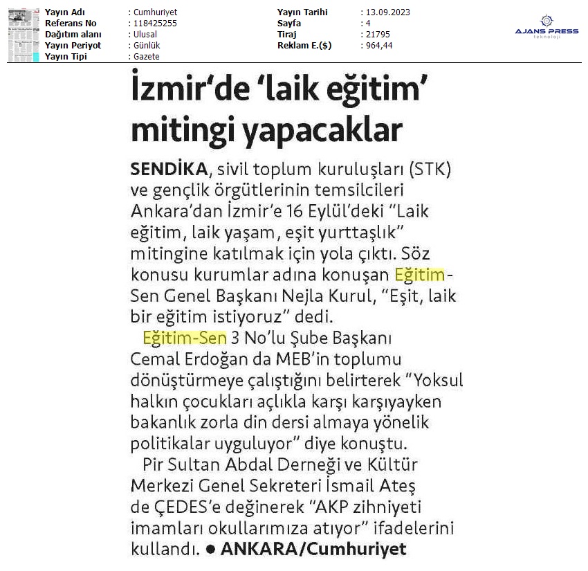 İzmir'de 'Laik Eğitim' Mitingi Yapacaklar / Cumhuriyet