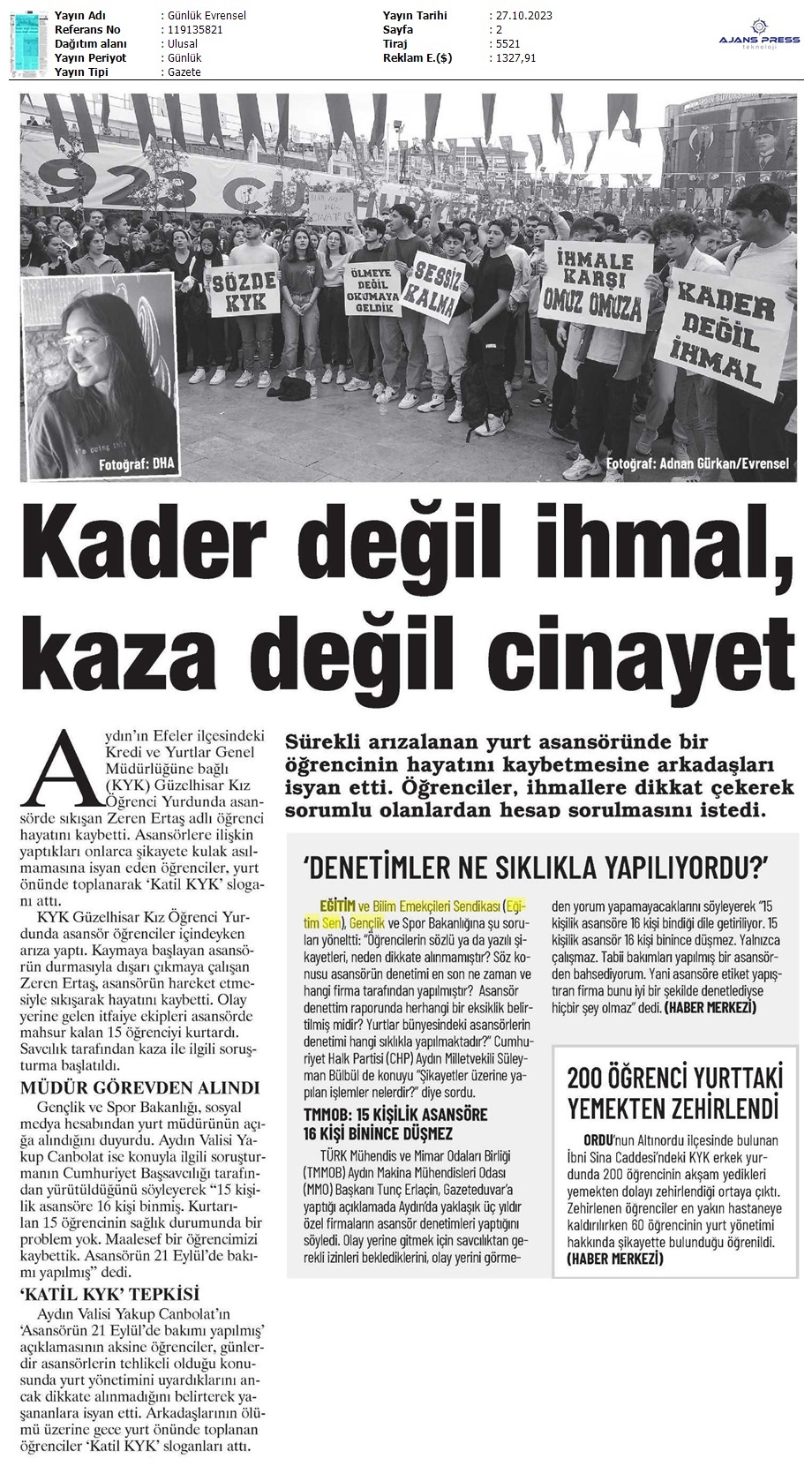 Kader Değil İhmal, Kaza Değil Cinayet / Evrensel