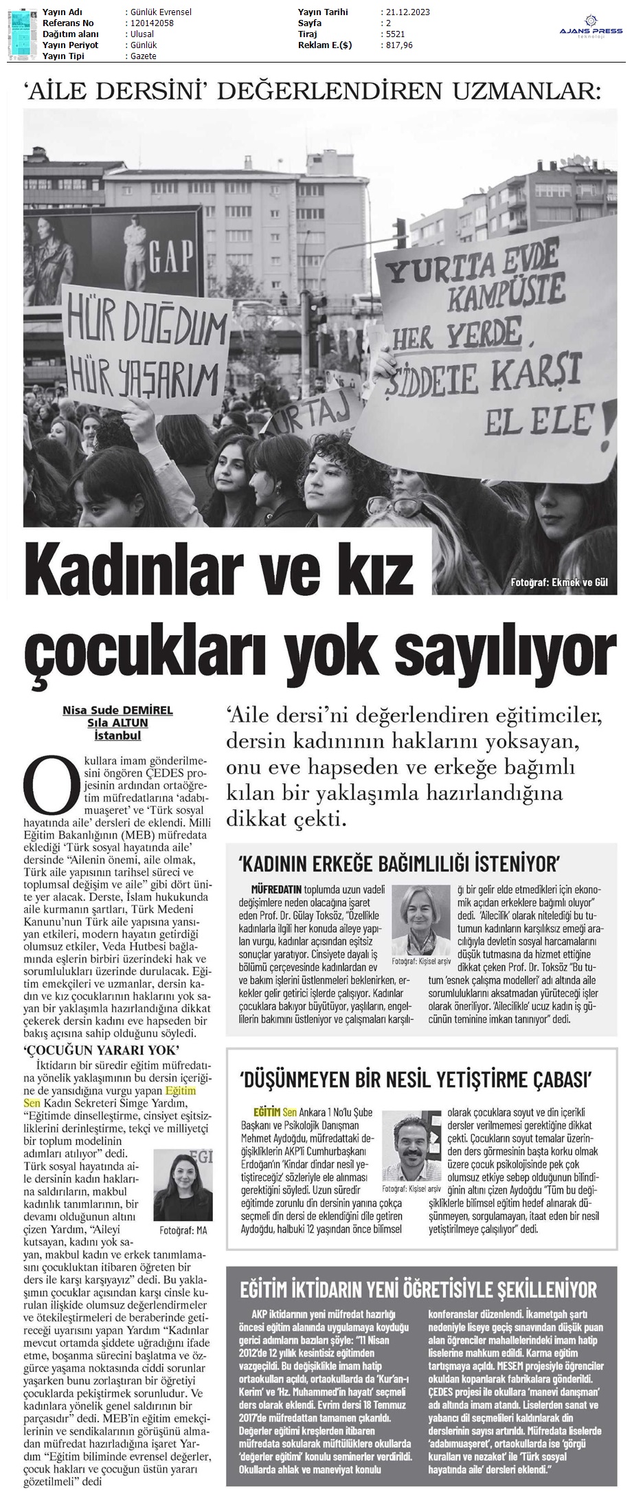 Kadınlar ve Kız Çocukları Yok Sayılıyor / Evrensel