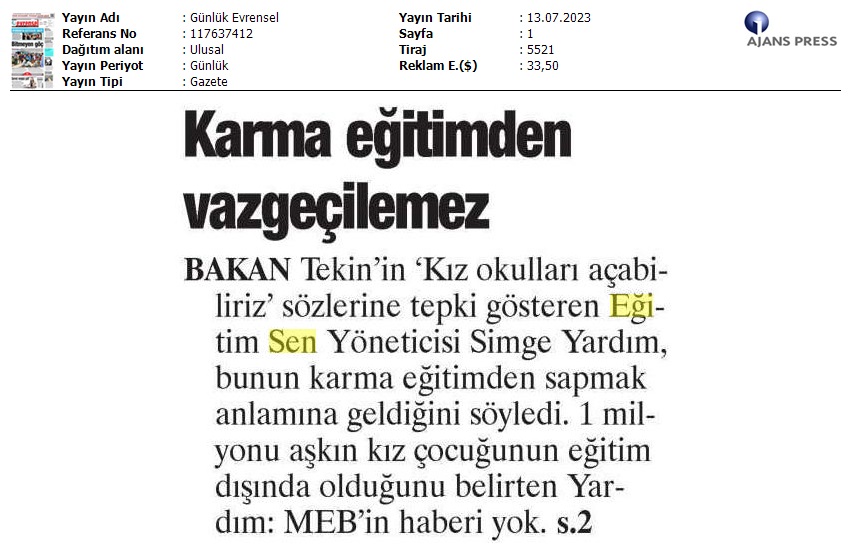 Karma Eğitimden Vazgeçilemez / Evrensel