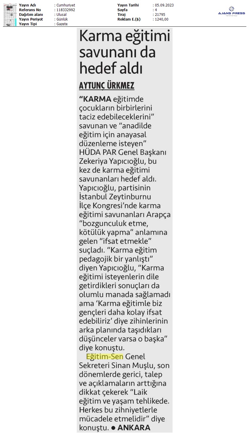Karma Eğitimi Savunanı da Hedef Aldı / Cumhuriyet